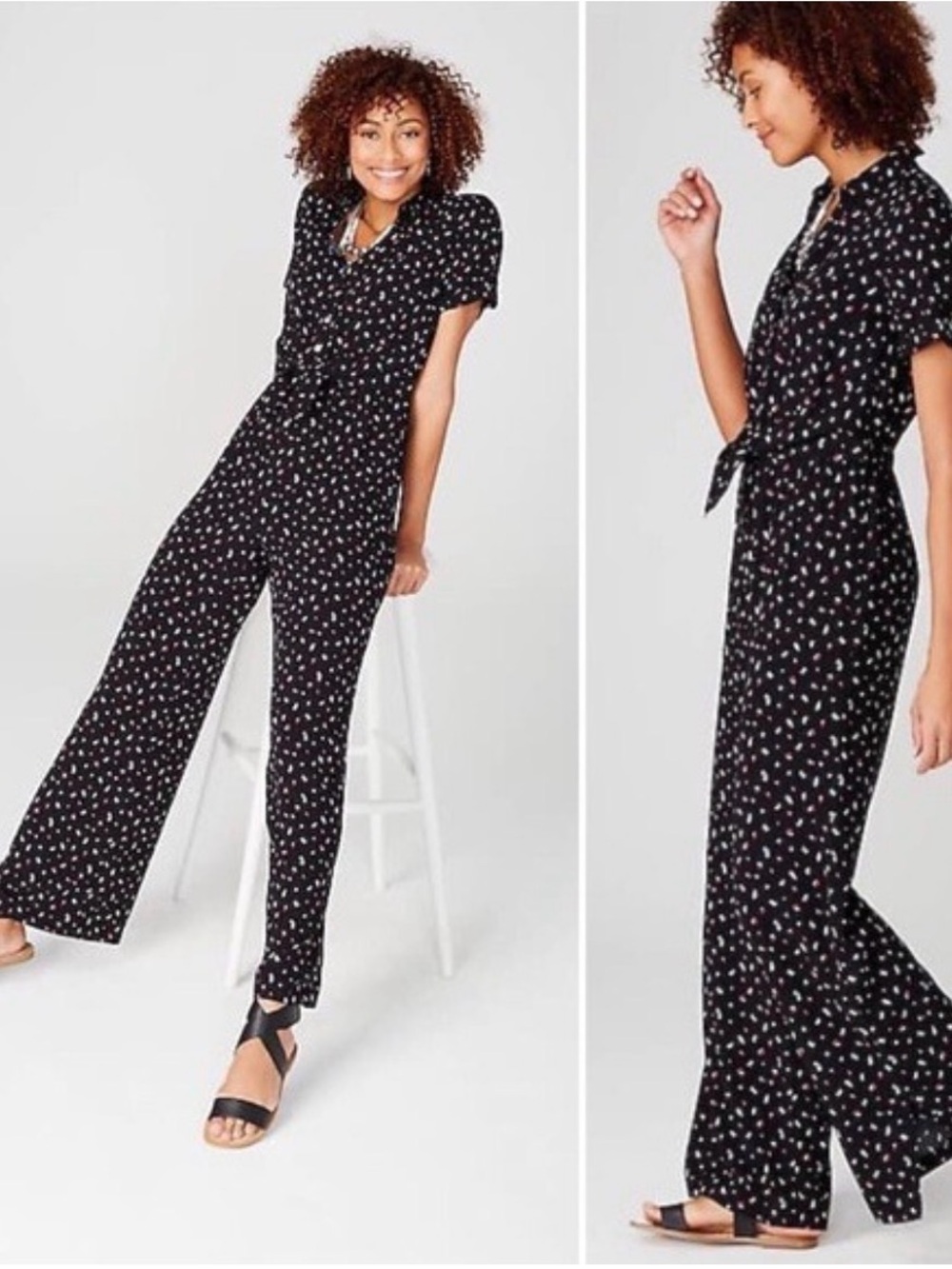 J. Jill navy polk a dot  Floral Tie-Front Short Sleeve wide leg Jumpsuit
